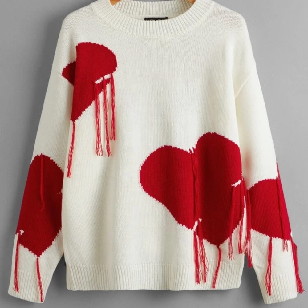 Heart Pattern Drop Shoulder Fringe Trim Sweater Size L